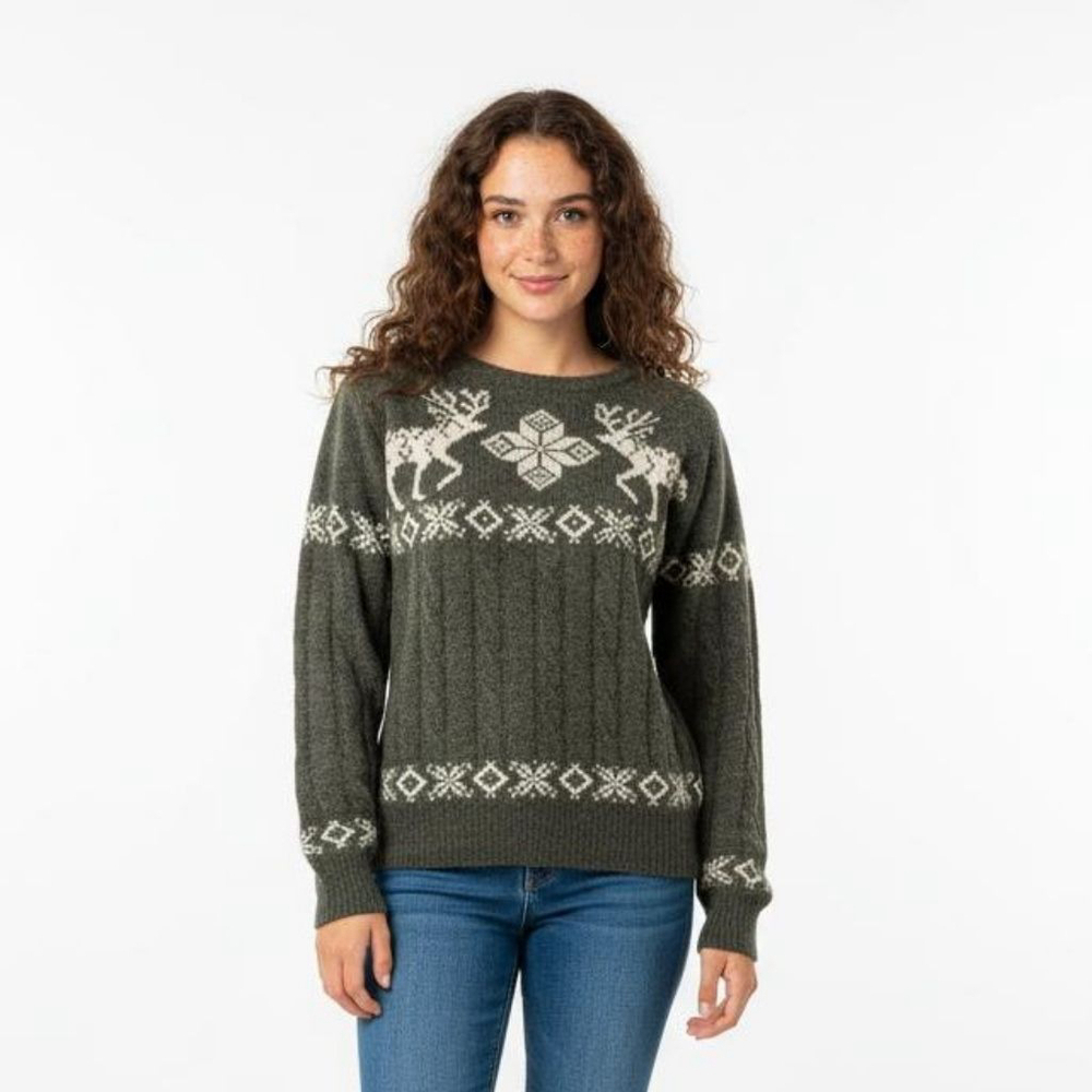 Fay's Closet Vintage Green & Beige Reindeer Fair Isle Crew Neck Sweater